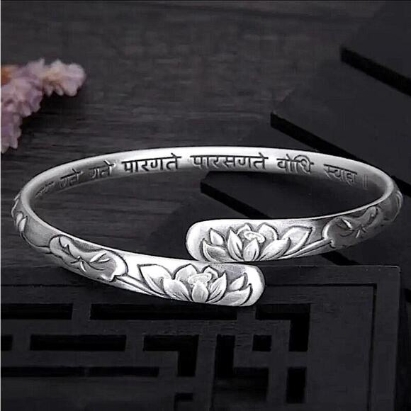 Sterling Silver Lotus Mantra Bangle Bracelet - Picture 1 of 9